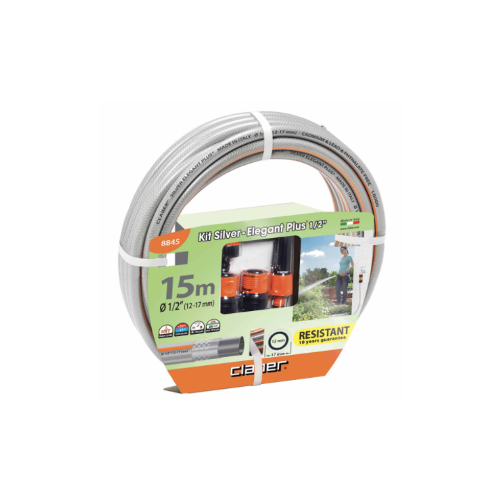 Kit arrosage SILVER ELEGANT tuyau l15m + nez double filetage 20-27mm + 2 raccords automatique + lance a jet