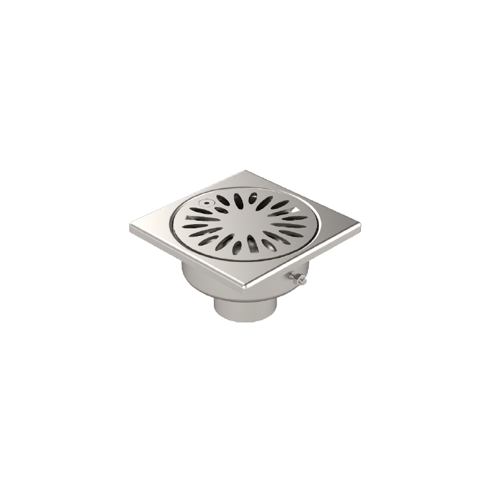 Siphon de sol inox 100x100 sortie verticale d40mm finition microbille trous 5mm