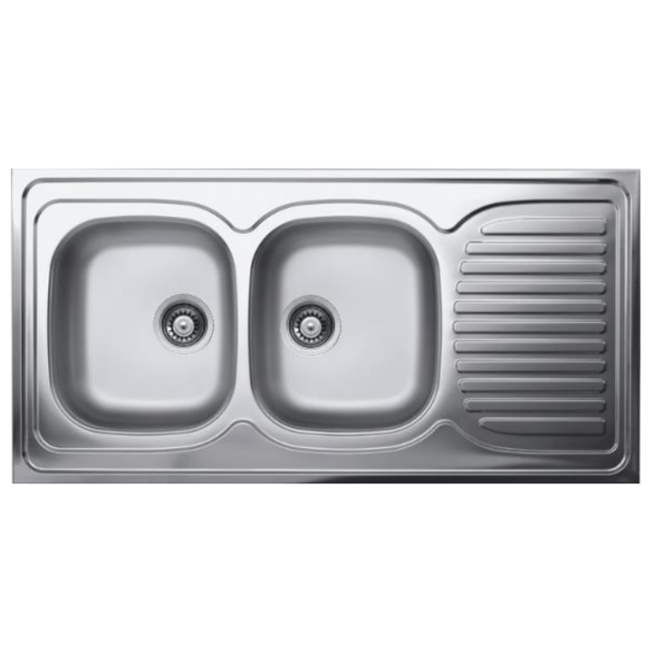 PACK Evier 2 cuves 1 egouttoir 1200x600mm inox vidage manuel NF + 1M de flex vidhoo D040